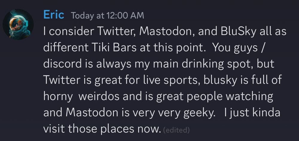 A Picture showing a screenshot of a Discord conversation about three social media sites and Tiki Bars
