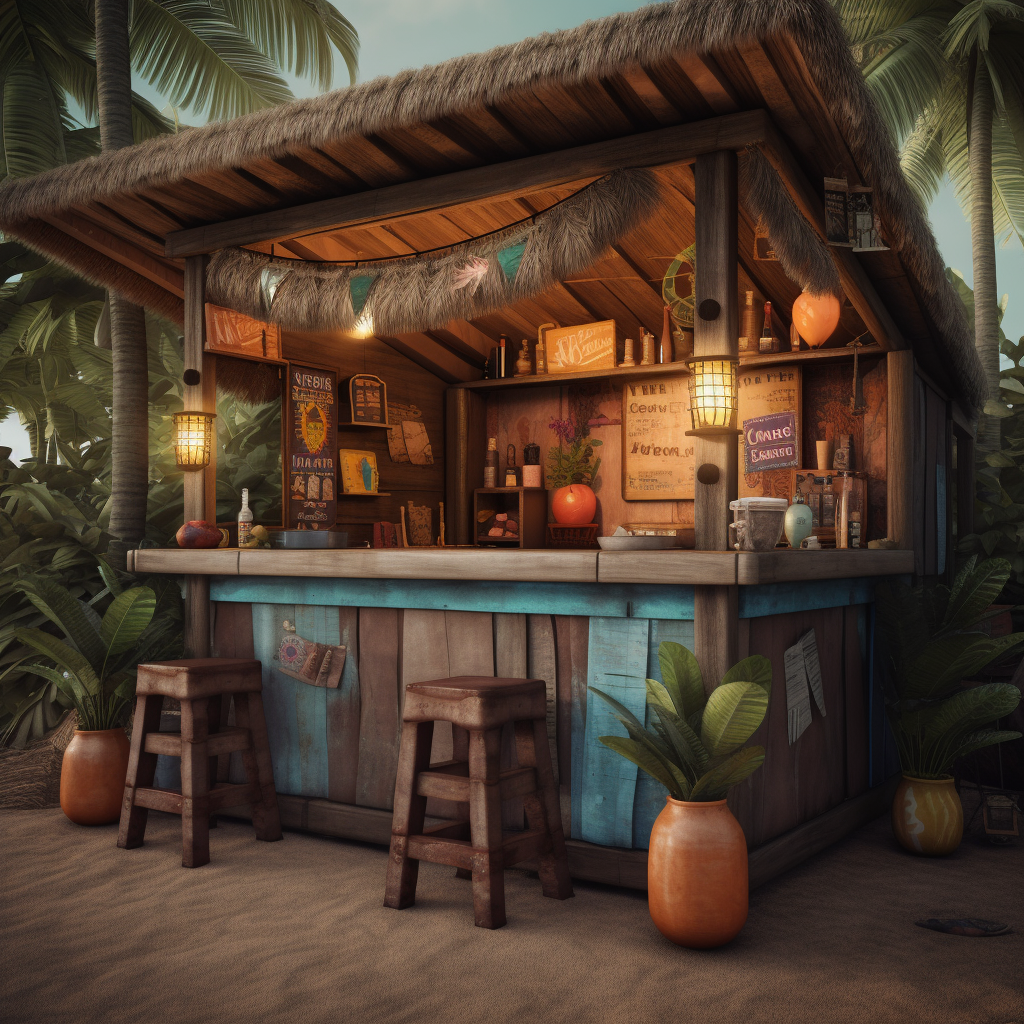 An AI generated pictured of a surf / tiki bar that does not exist